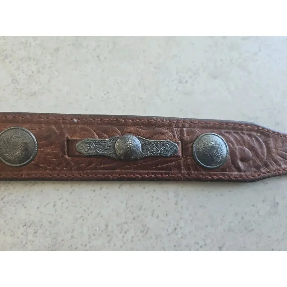 Leegin Western Tooled Leather Men’s Belt 34 Brown Silver Buckle